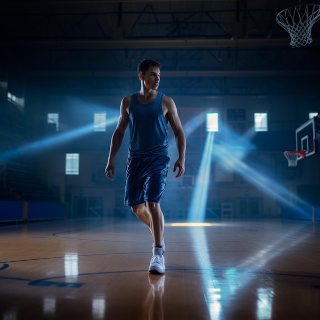 Un jeune athlète déterminé s'entraîne au basket-ball en salle