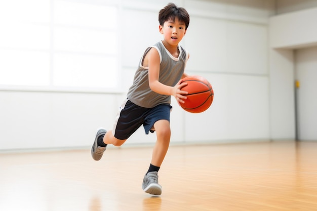 Un jeune athlète s'entraîne au basket-ball à l'intérieur
