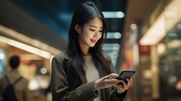 Une jeune et attirante femme asiatique utilise un smartphone dans la rue créé avec la technologie d'intelligence artificielle générative.