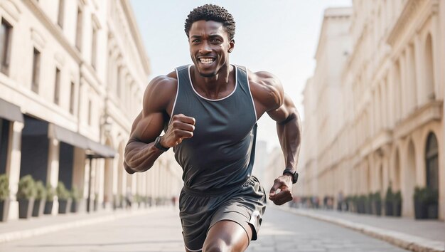 Un jeune et attrayant homme afro courant un marathon dans une ville par une journée ensoleillée compétition sportive