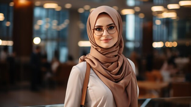 Une jeune et attrayante femme d'affaires musulmane portant un hijab et des lunettes sourit en regardant la caméra dans son bureau moderne