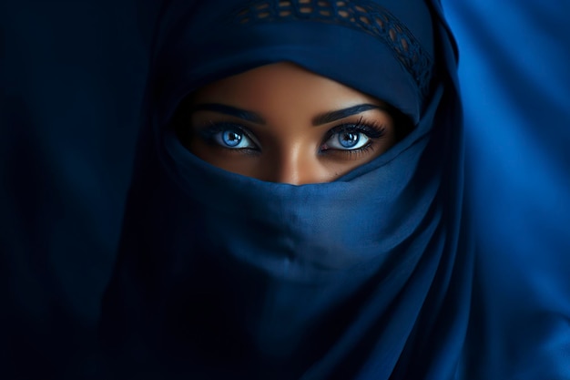 une jeune et attrayante femme musulmane en hijab bleu