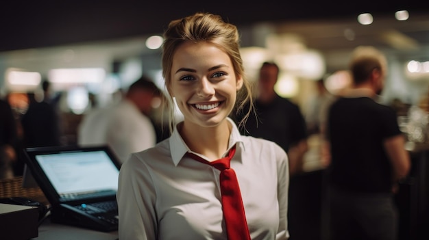 Une jeune et attrayante vendeuse souriante, caissière au service des clients.