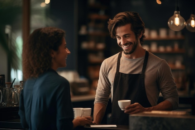 Un jeune barista heureux parle et donne des conseils sur la consommation de café dans un café