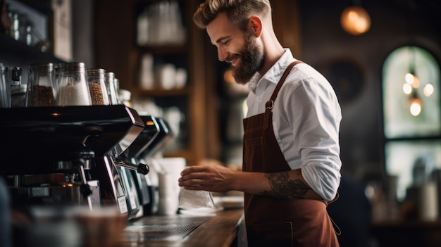 Photo jeune barista souriant faisant du café à l'aide d'une machine professionnelle coupe de café du matin dans un café brassage de café concept de café