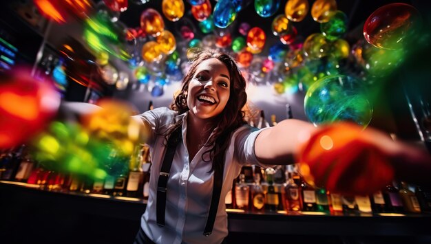 Une jeune barman blanche sourit heureuse en tendant un cocktail sur un fond de bulles de savon colorées.