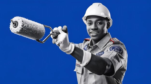 Photo jeune bâtisseur afro-américain impressionné en uniforme tenant une brosse à rouleaux isolé sur un fond bleu