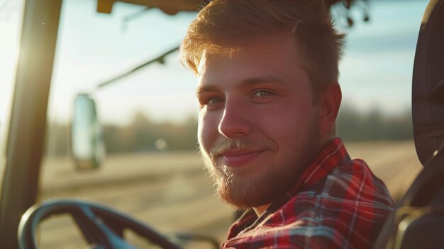 Photo le jeune et beau conducteur de tracteur regarde la caméra et sourit.