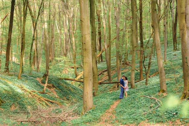 Jeune beau couple amoureux dans la forêt. Un couple est enlacé près d'un ravin parmi les arbres. Espace libre.
