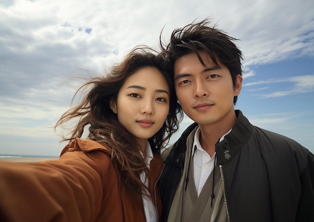 Un jeune et beau couple heureux prenant une photo sur la plage avec vue sur le ciel et l'océanAI Generative