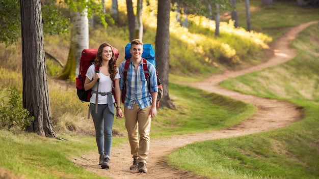 Un jeune et beau couple avec des sacs à dos de randonnée vont camper