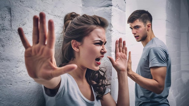 Jeune beau couple se dispute femme criant sur son petit ami qui montre le geste d'arrêt wti h