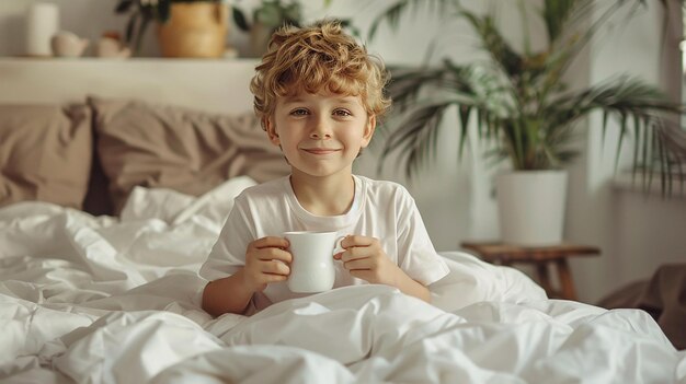 Photo jeune beau garçon beau buvant du thé au lit assis sur le lit le matin