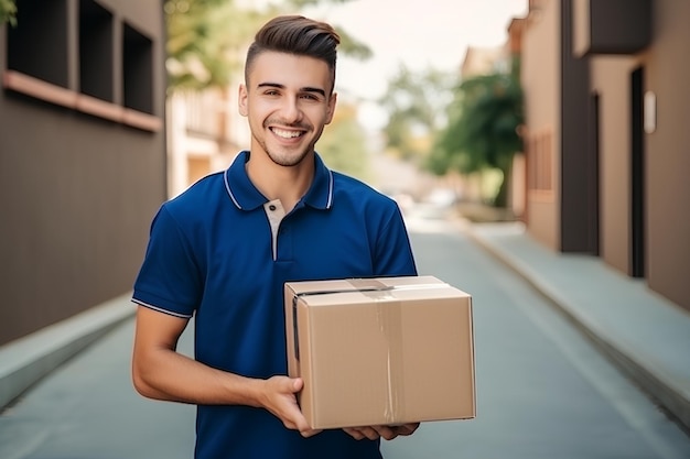 Un jeune et beau livreur souriant, un facteur qui livre.