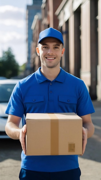 Jeune et beau livreur en uniforme bleu et en casquette tenant un paquet de boîte souriant joyeusement