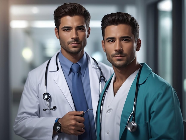 Photo jeune et beau médecin en robe médicale avec stéthoscope.