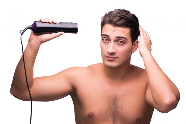 Jeune Beau Séchant Ses Cheveux Isolé Sur Blanc