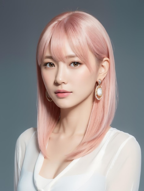 Jeune beauté asiatique dame de bureau cheveux roses avec style de maquillage coréen sur le visage avec fond de studio