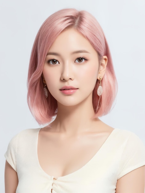 Jeune beauté asiatique dame de bureau cheveux roses avec style de maquillage coréen sur le visage avec fond de studio