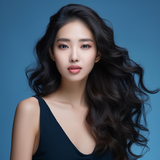 Jeune beauté asiatique femme cheveux longs bouclés avec maquillage coréen