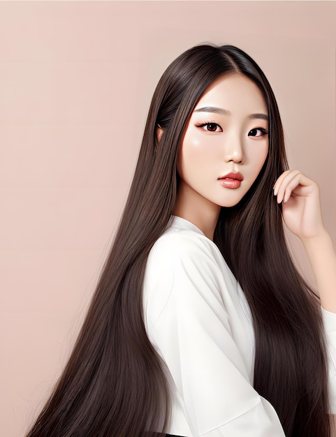 Jeune beauté asiatique femme modèle cheveux longs isolé sur fond