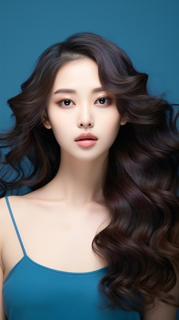 Jeune beauté asiatique style de maquillage de femme sur le visage et peau propre parfaite sur bleu isolé