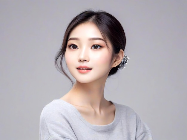 Une jeune beauté asiatique tire les cheveux en arrière avec un maquillage coréen sur le visage AI_Generated