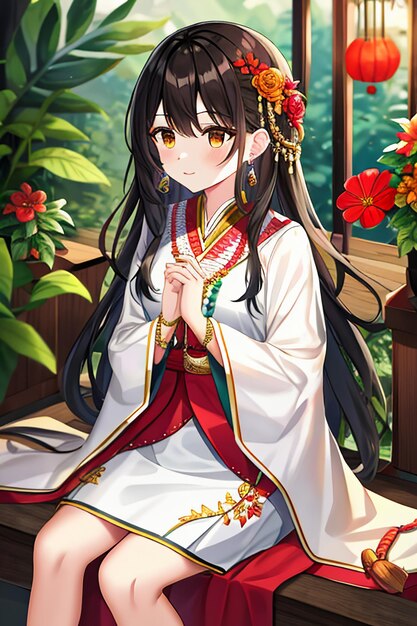 Une jeune beauté de dessin animé portant un beau costume de jupe cheongsam classique avec une décoration florale