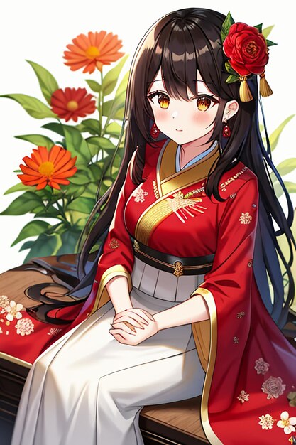 Une jeune beauté de dessin animé portant un beau costume de jupe cheongsam classique avec une décoration florale