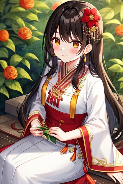 Jeune beauté de dessin animé portant un beau costume de jupe cheongsam classique avec décoration florale