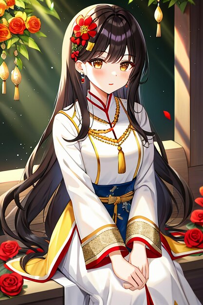 Une jeune beauté de dessin animé portant un beau costume de jupe cheongsam classique avec une décoration florale