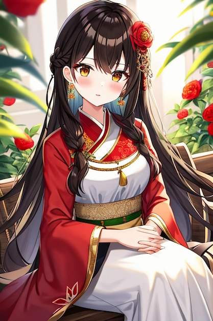 Jeune beauté de dessin animé portant un beau costume de jupe cheongsam classique avec décoration florale