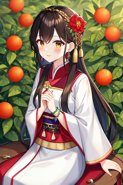 Jeune beauté de dessin animé portant un beau costume de jupe cheongsam classique avec décoration florale