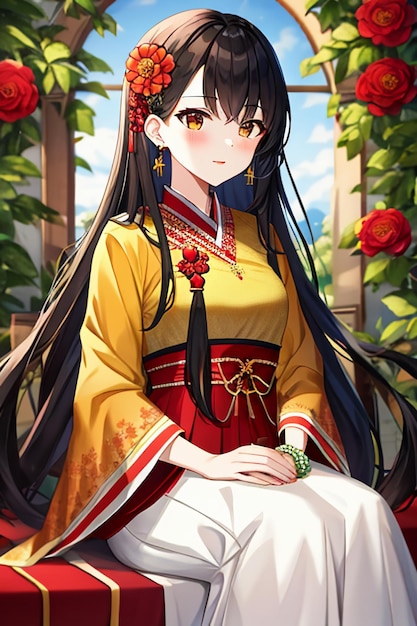 Jeune beauté de dessin animé portant un beau costume de jupe cheongsam classique avec décoration florale