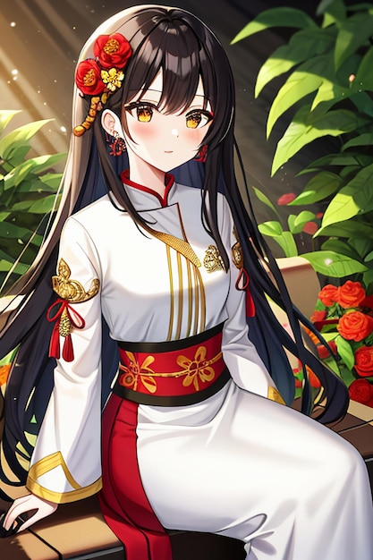 Jeune beauté de dessin animé portant un beau costume de jupe cheongsam classique avec décoration florale