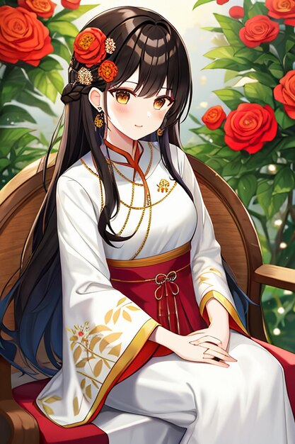 Jeune beauté de dessin animé portant un beau costume de jupe cheongsam classique avec décoration florale