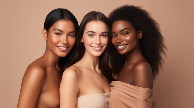 Jeune beauté groupe multiethnique de femmes avec différents types de peau ensemble générés par l'IA