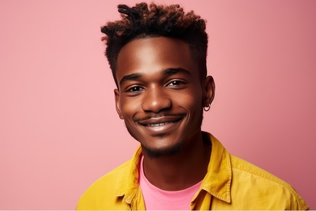 Photo un jeune bel homme africain heureux isolé sur fond dégradé rose néon jaune mode masculine