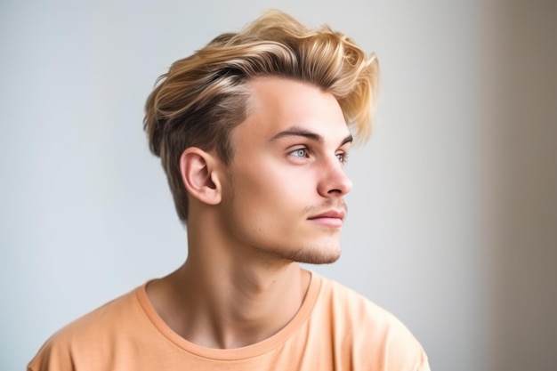 Jeune bel homme blond portant un t-shirt décontracté, debout sur un fond blanc isolé, regardant vers le côté relax pose de profil avec un visage naturel et un sourire confiant