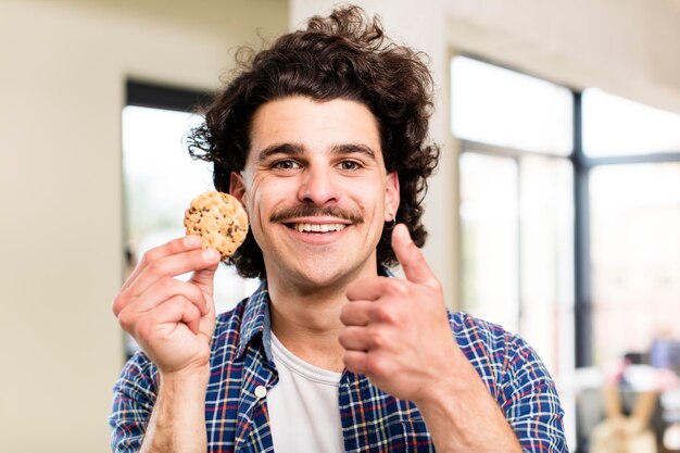 Jeune bel homme avec un cookie fait maison à l'intérieur de la maison