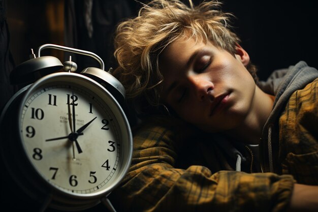 Photo le jeune bel homme dormant avec un réveil près de sa tête
