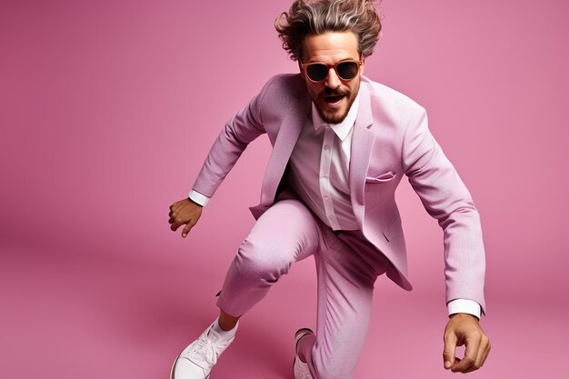 Jeune bel homme drôle avec des lunettes, cheveux bruns et barbe portant un costume gris clair et des baskets sautant avec le skateboard sur fond de studio couleur