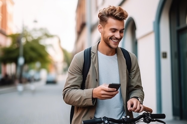 Jeune bel homme marchant avec vélo et smartphone dans une ville Hommes étudiants souriants avec vélo souriant et tenant un téléphone portable Mode de vie moderne connexion voyage concept d'affaires décontracté