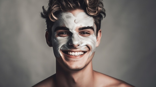 Un jeune bel homme souriant et heureux avec un masque de beauté AI générative