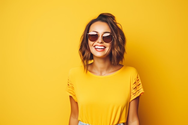 jeune belle brune hipster femme en vêtements d'été à la mode femme sexy insouciante posant près du mur jaune dans le studio modèle positif s'amusant joyeuse et heureuse en lunettes de soleil