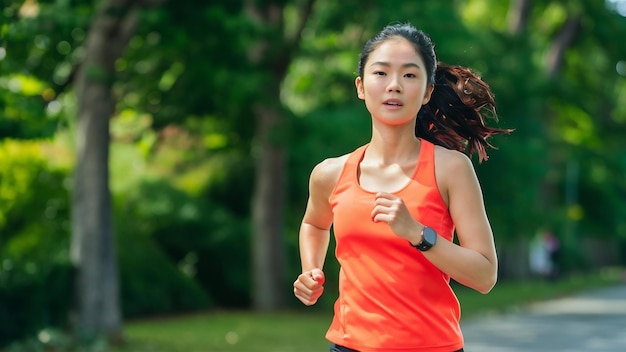 Une jeune et belle coureuse asiatique en bonne santé en vêtements de sport qui court et court.