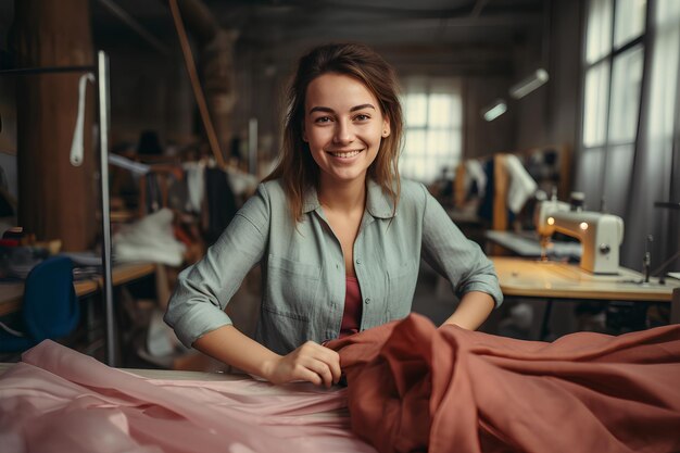 Jeune belle couturière regardant joyeusement à huis clos