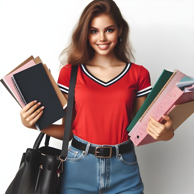 Une jeune et belle dame en chemise rouge et en jean noir tenant différents livres et fichiers.