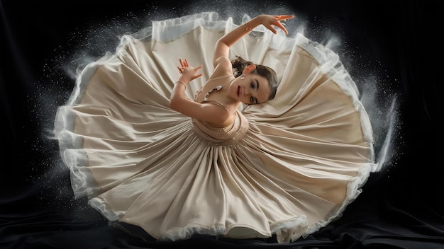 Photo une jeune et belle danseuse en robe beige dansant sur le noir