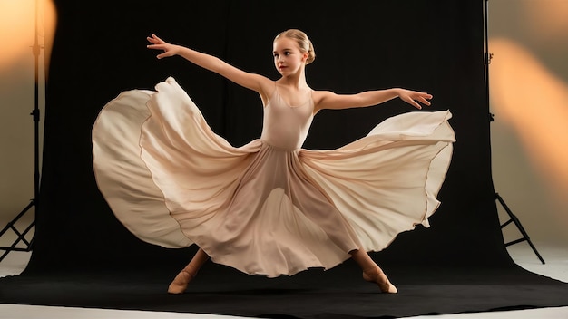 Une jeune et belle danseuse en robe beige dansant sur le noir